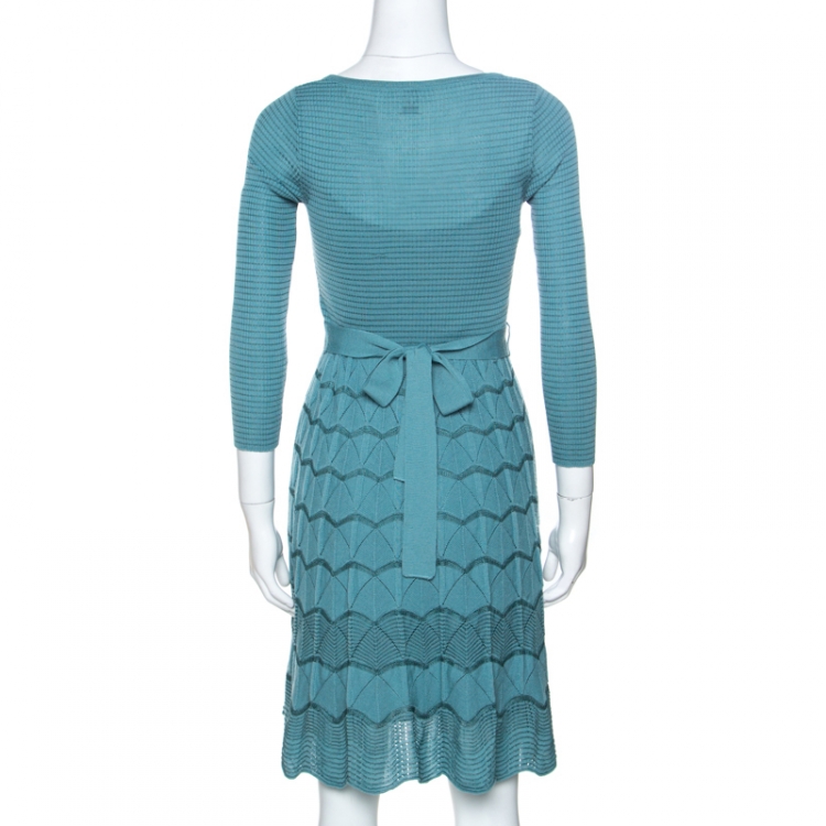 Pre Owned M Missoni Teal Blue Pointelle Knit Midi Dress M