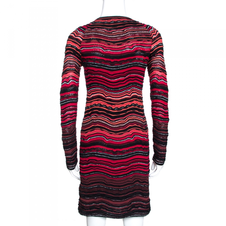 Pre Owned M Missoni Red Wave Pattern Textured Knit Long Sleeve Dress S