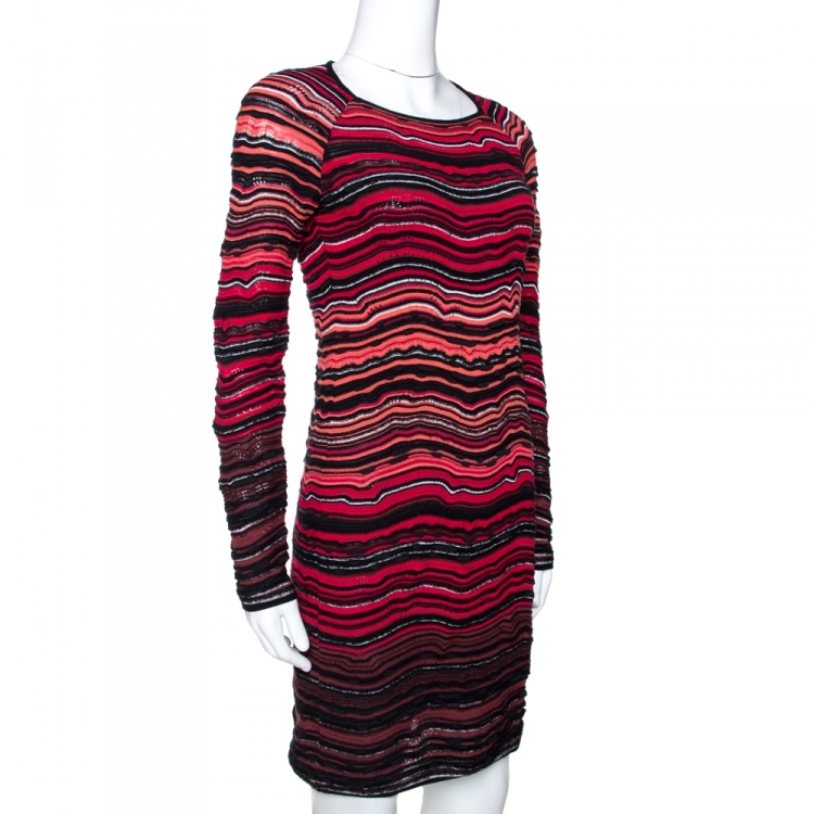Pre Owned M Missoni Red Wave Pattern Textured Knit Long Sleeve Dress S