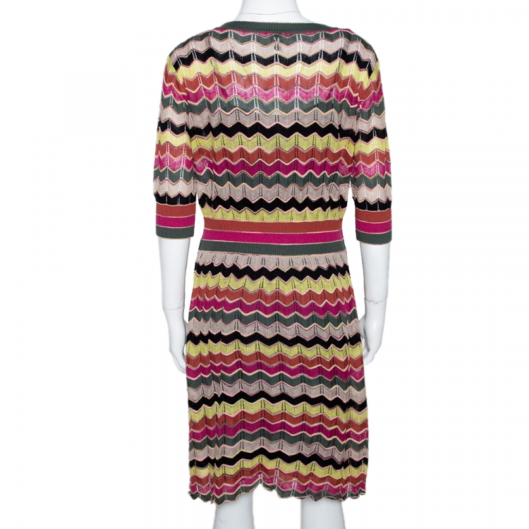 Pre Owned M Missoni Multicolor Chevron Cotton Linen Knit A Line Dress L