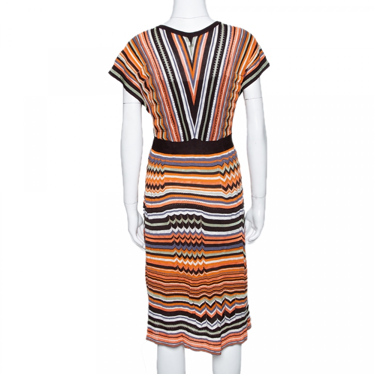 Pre Owned M Missoni Orange & Brown Striped Knit Plunge Neck Dress M