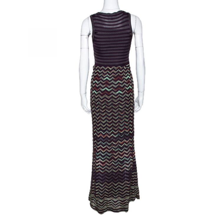 Pre Owned M Missoni Dark Purple Chevron Knit Sleeveless Maxi Dress S