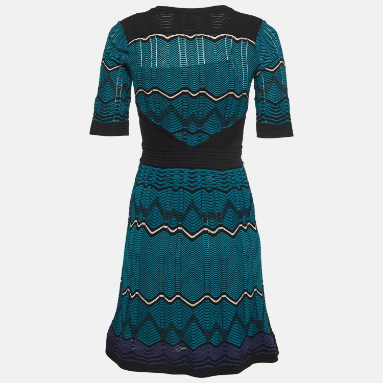Pre Owned M Missoni Blue/Black Chevron Knit V-Neck Flared Mini Dress S  