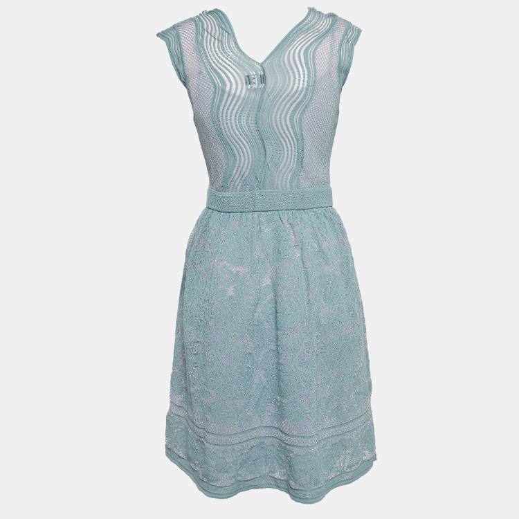 Pre Owned M Missoni Blue Patterned Lurex Knit Sleeveless Flared Midi Dress S