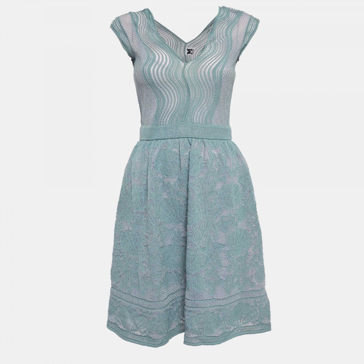 Pre Owned M Missoni Blue Patterned Lurex Knit Sleeveless Flared Midi Dress S