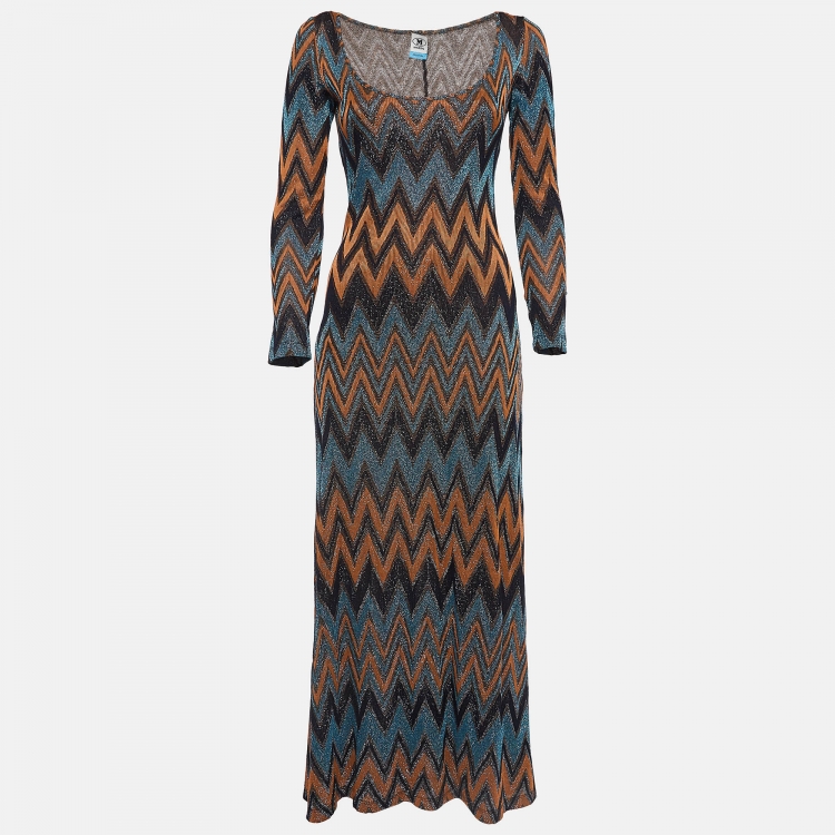 Pre Owned M Missoni Blue & Orange Chevron Patterned Lurex Knit Maxi Dress M