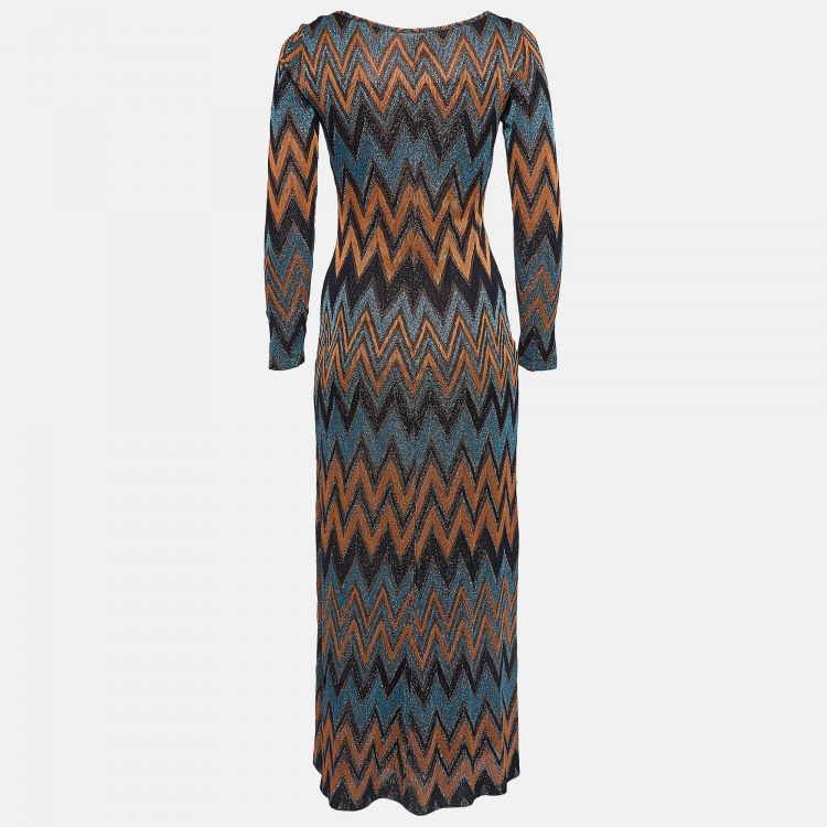 Pre Owned M Missoni Blue & Orange Chevron Patterned Lurex Knit Maxi Dress M