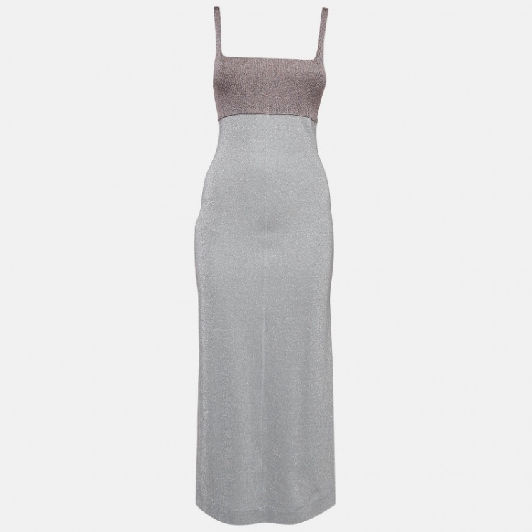 Pre Owned M Missoni Grey Lurex Knit Shoulder Strap Midi Dress S