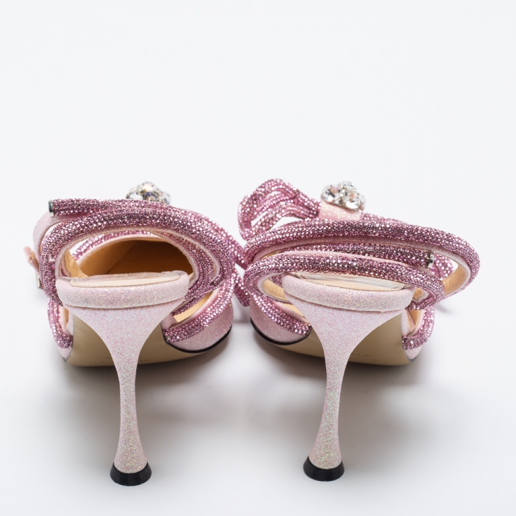 Pre Owned Mach & Mach Pink Glitter Crystal Embellished  Ankle Strap Sandals Size 39