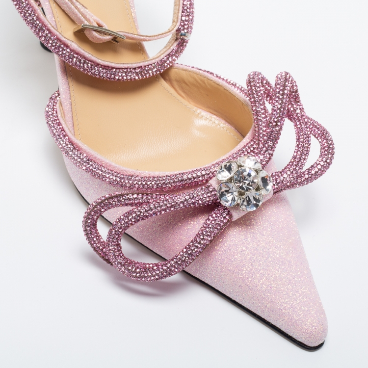 Pre Owned Mach & Mach Pink Glitter Crystal Embellished  Ankle Strap Sandals Size 39