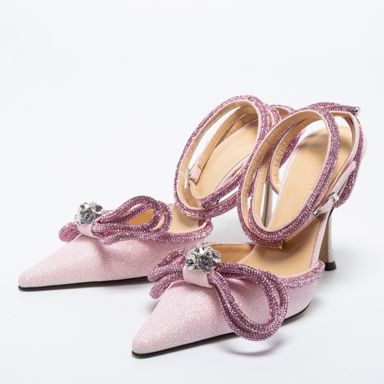 Pre Owned Mach & Mach Pink Glitter Crystal Embellished  Ankle Strap Sandals Size 39