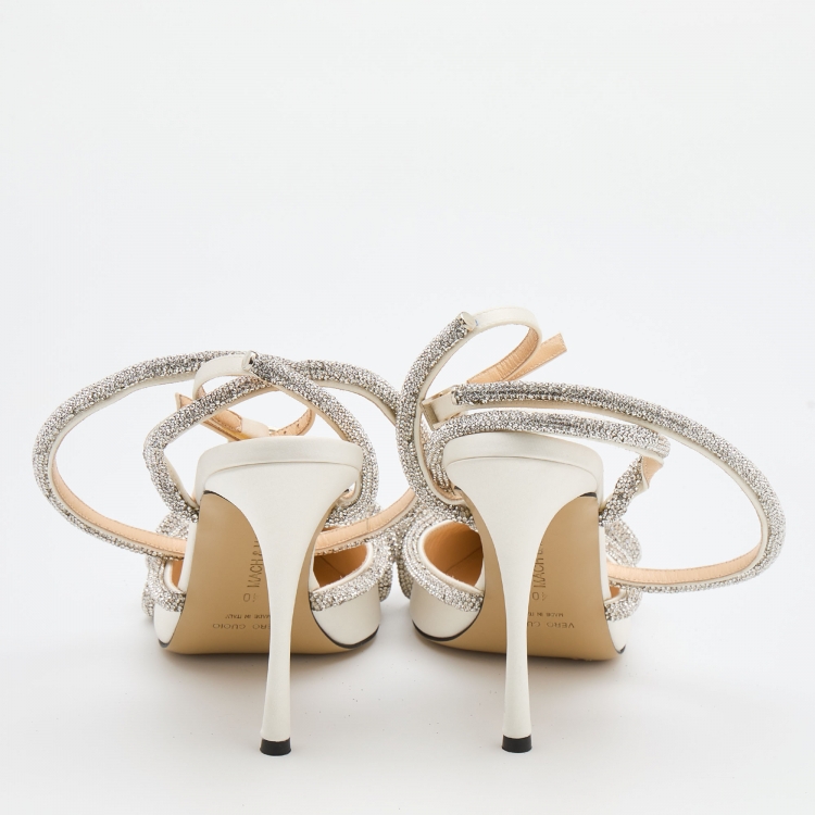 Pre Owned Mach & Mach White Satin Embellished Double Bow Ankle Strap Pumps Size 40