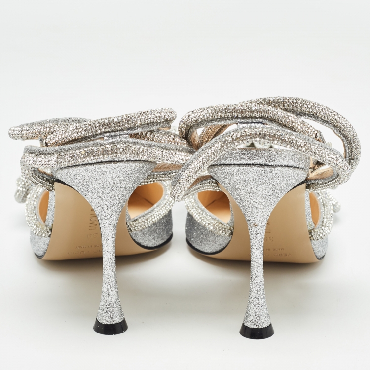 Pre Owned Mach & Mach Silver Glitter Crystal Embellished Ankle Wrap Pumps Size 39