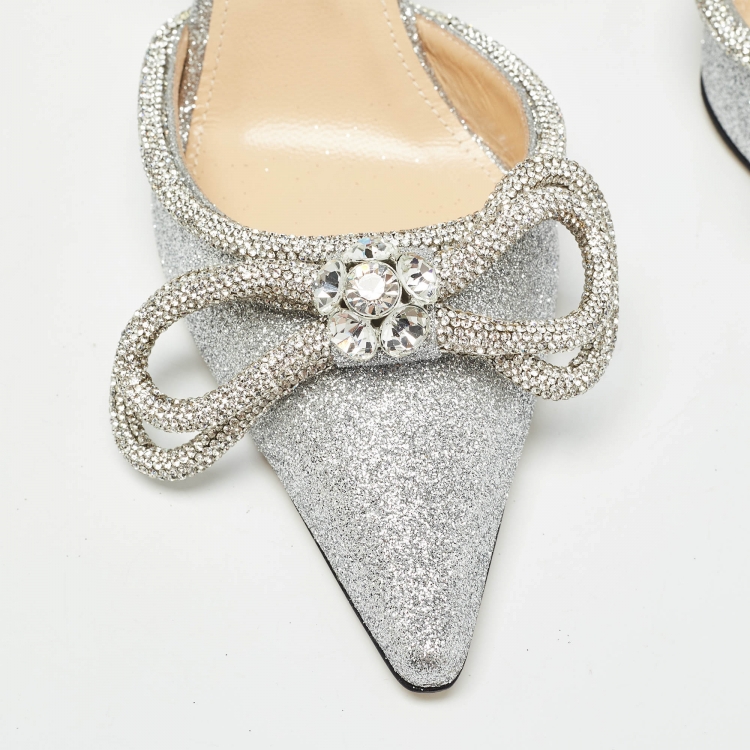 Pre Owned Mach & Mach Silver Glitter Crystal Embellished Ankle Wrap Pumps Size 39