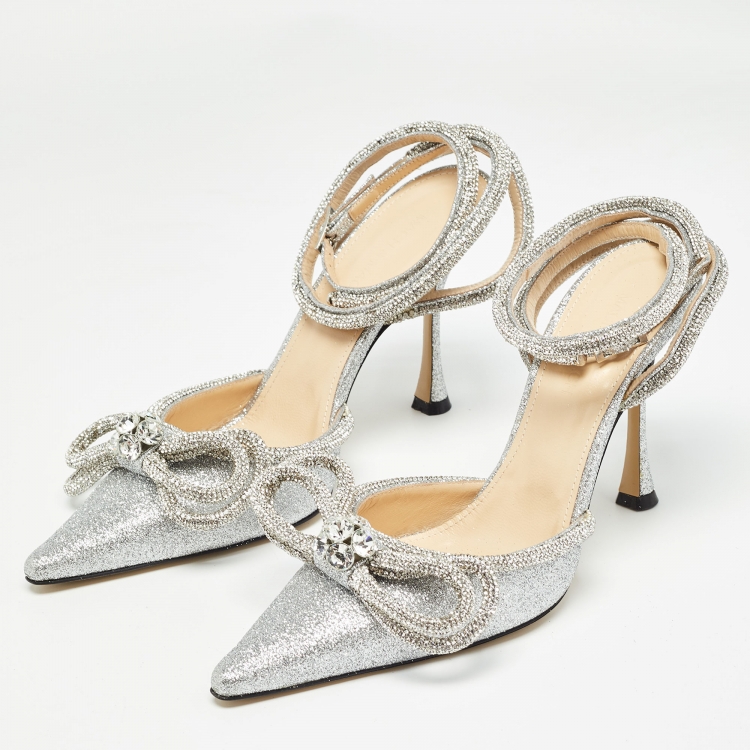 Pre Owned Mach & Mach Silver Glitter Crystal Embellished Ankle Wrap Pumps Size 39