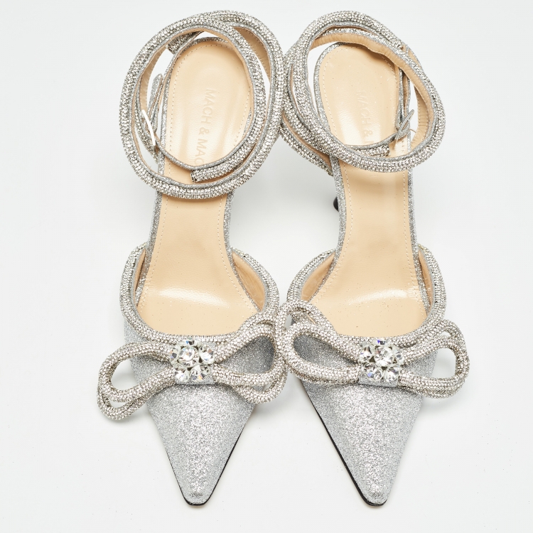 Pre Owned Mach & Mach Silver Glitter Crystal Embellished Ankle Wrap Pumps Size 39