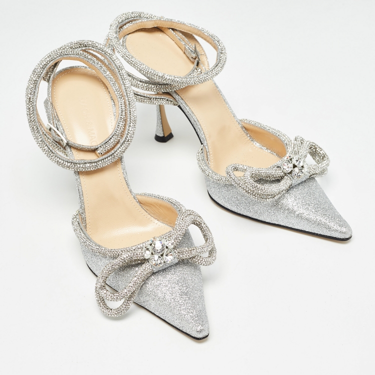 Pre Owned Mach & Mach Silver Glitter Crystal Embellished Ankle Wrap Pumps Size 39