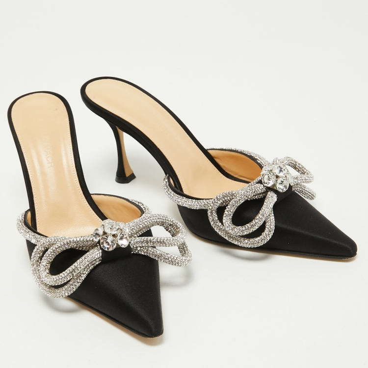 Pre Owned Mach & Mach Black Satin Crystal Embellished Double Bow Mules Size 38