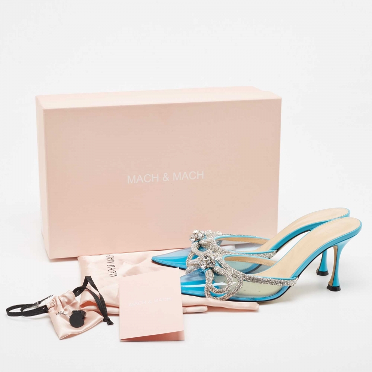Pre Owned Mach & Mach Blue PVC Crystal Embellished Bow Mules Size 39
