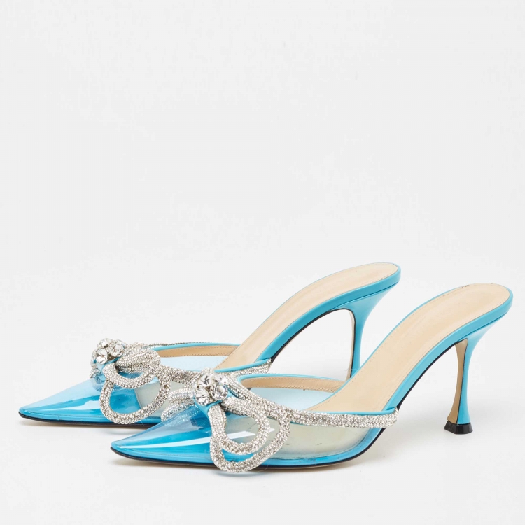 Pre Owned Mach & Mach Blue PVC Crystal Embellished Bow Mules Size 39