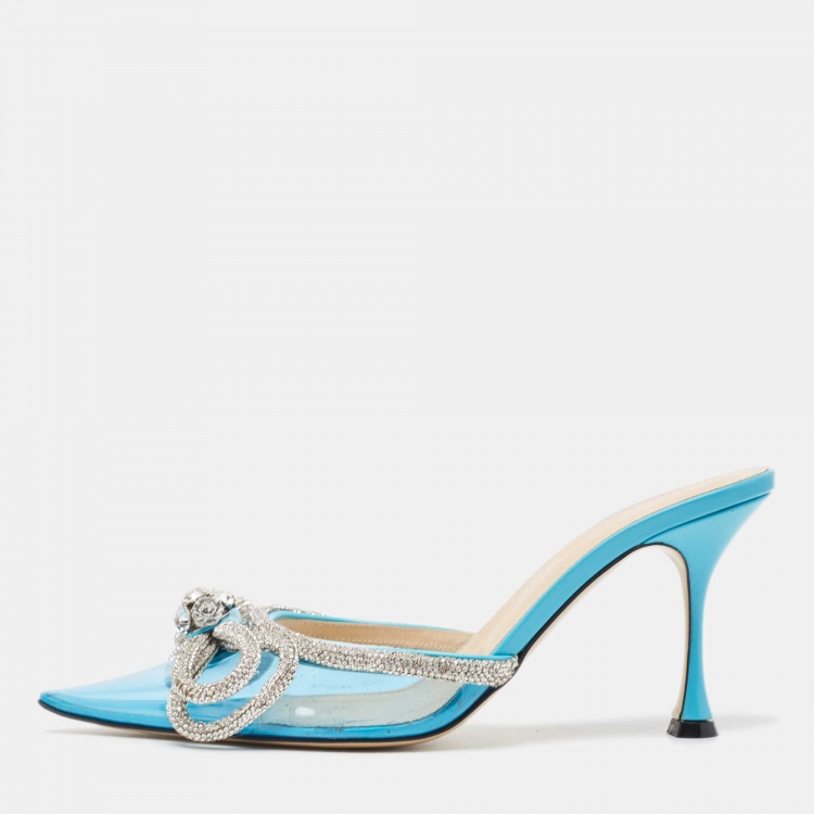 Pre Owned Mach & Mach Blue PVC Crystal Embellished Bow Mules Size 39