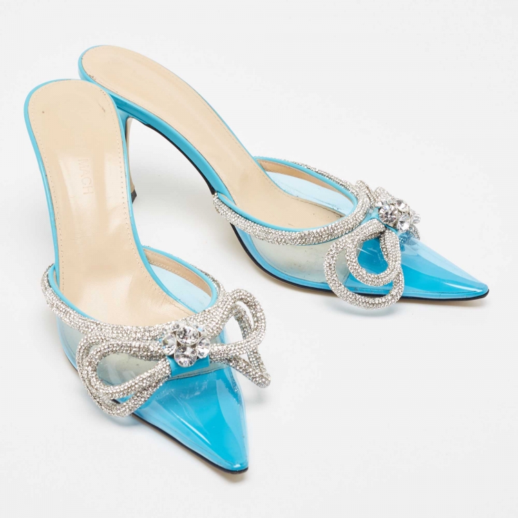 Pre Owned Mach & Mach Blue PVC Crystal Embellished Bow Mules Size 39