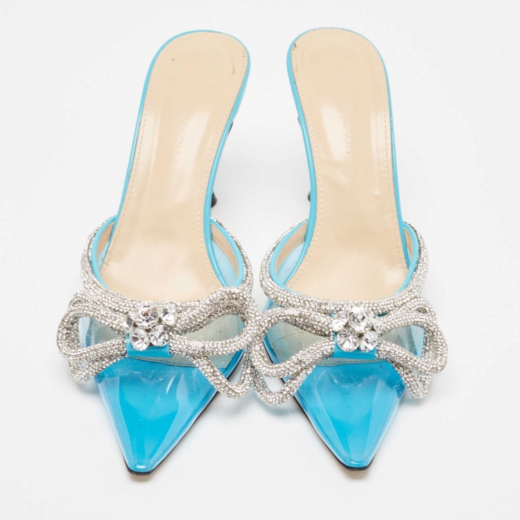 Pre Owned Mach & Mach Blue PVC Crystal Embellished Bow Mules Size 39