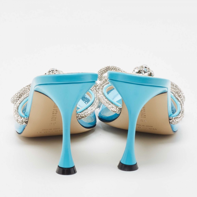 Pre Owned Mach & Mach Blue PVC Crystal Embellished Bow Mules Size 39
