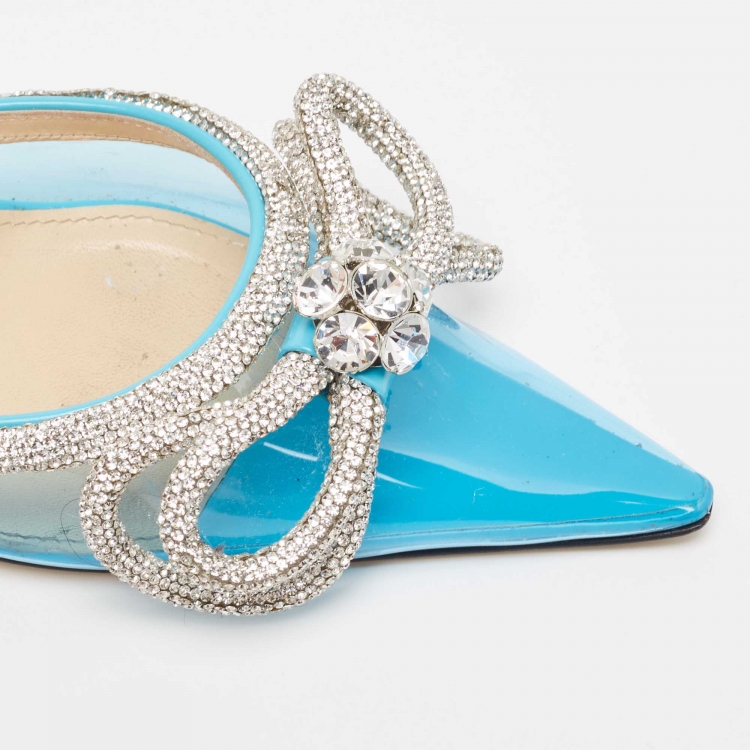 Pre Owned Mach & Mach Blue PVC Crystal Embellished Bow Mules Size 39