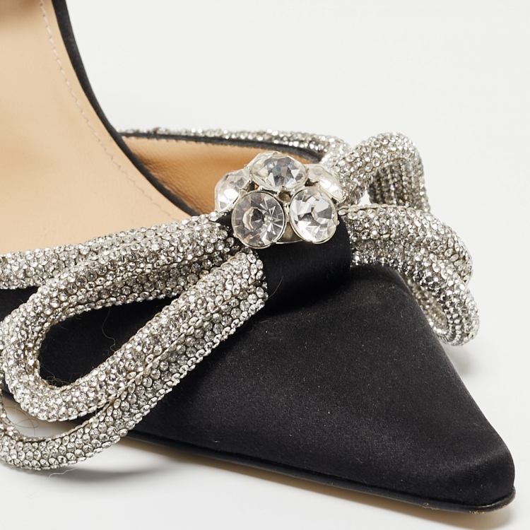 Pre Owned Mach & Mach Black Satin Crystal Embellished Ankle Wrap Pumps Size 37