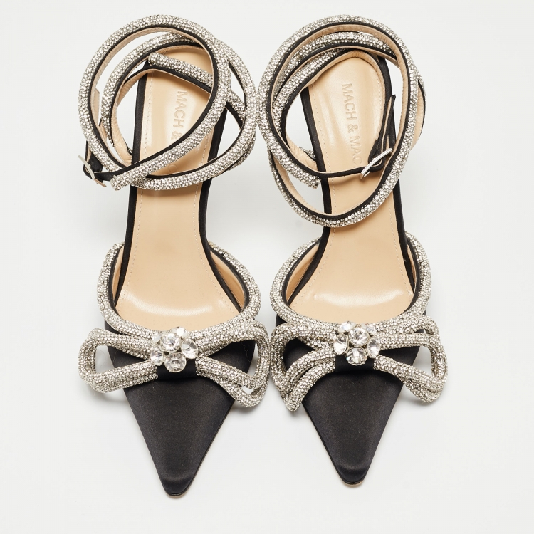 Pre Owned Mach & Mach Black Satin Crystal Embellished Ankle Wrap Pumps Size 37