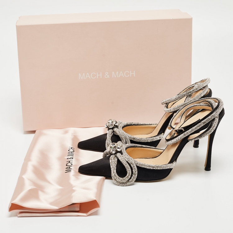 Pre Owned Mach & Mach Black Satin Crystal Embellished Ankle Wrap Pumps Size 37