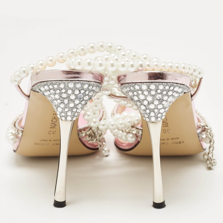 Pre Owned Mach & Mach Pink PVC Crystal and Pearl Embellished Ankle Wrap Pumps Size 38