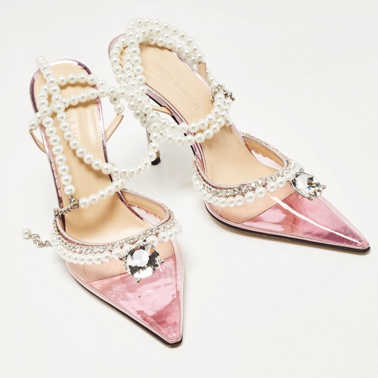 Pre Owned Mach & Mach Pink PVC Crystal and Pearl Embellished Ankle Wrap Pumps Size 38