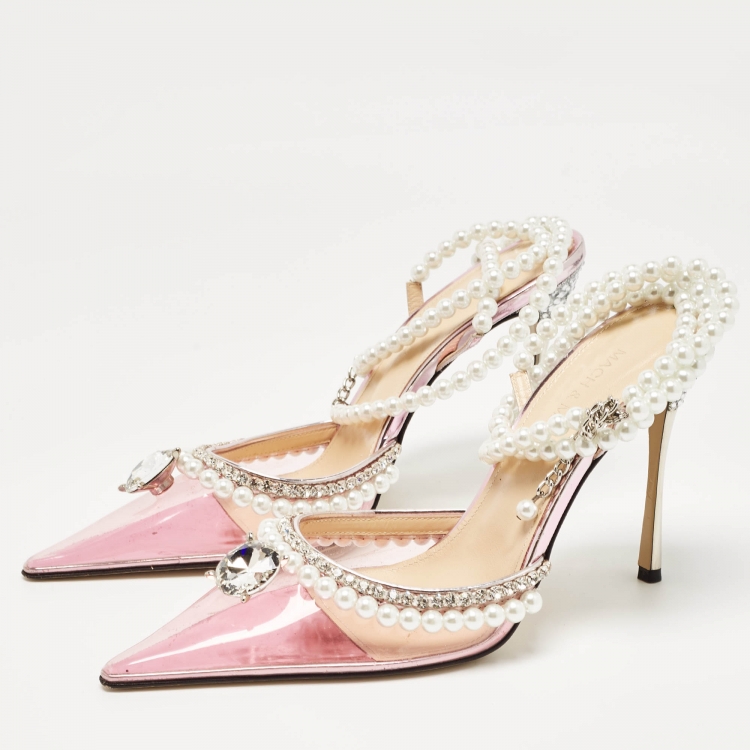 Pre Owned Mach & Mach Pink PVC Crystal and Pearl Embellished Ankle Wrap Pumps Size 38