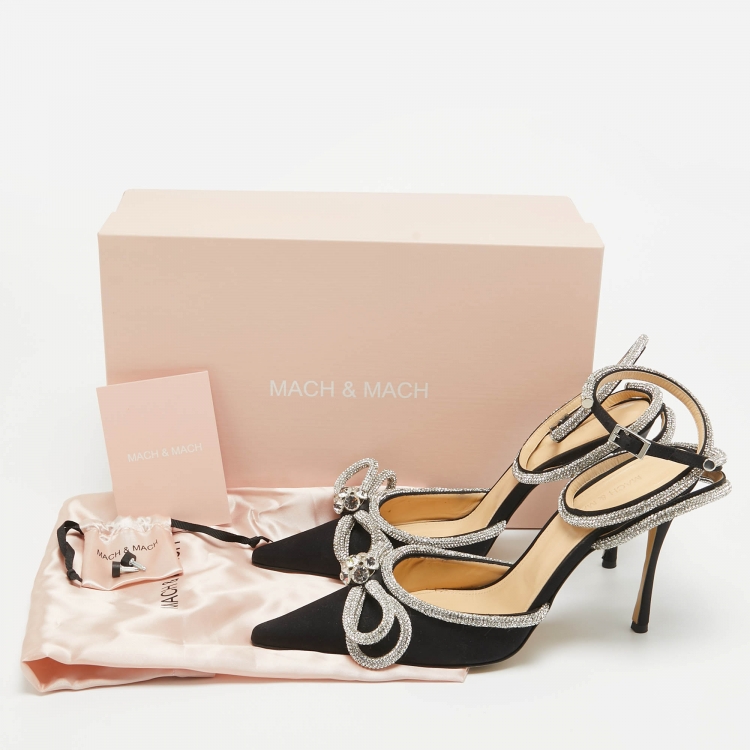 Pre Owned Mach & Mach Black Satin Embellished Double Bow Ankle Strap Pumps Size 40.5