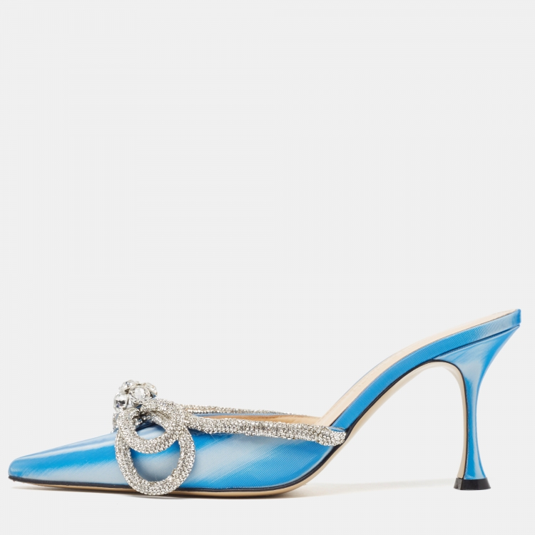 Pre Owned Mach & Mach Blue/White Iridescent PVC Crystal Embellished Double Bow Mules Size 38