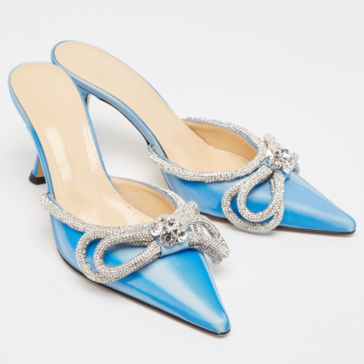 Pre Owned Mach & Mach Blue/White Iridescent PVC Crystal Embellished Double Bow Mules Size 38
