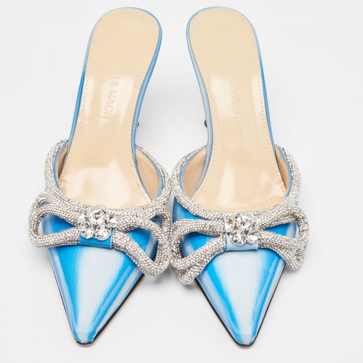 Pre Owned Mach & Mach Blue/White Iridescent PVC Crystal Embellished Double Bow Mules Size 38