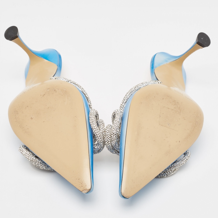 Pre Owned Mach & Mach Blue/White Iridescent PVC Crystal Embellished Double Bow Mules Size 38