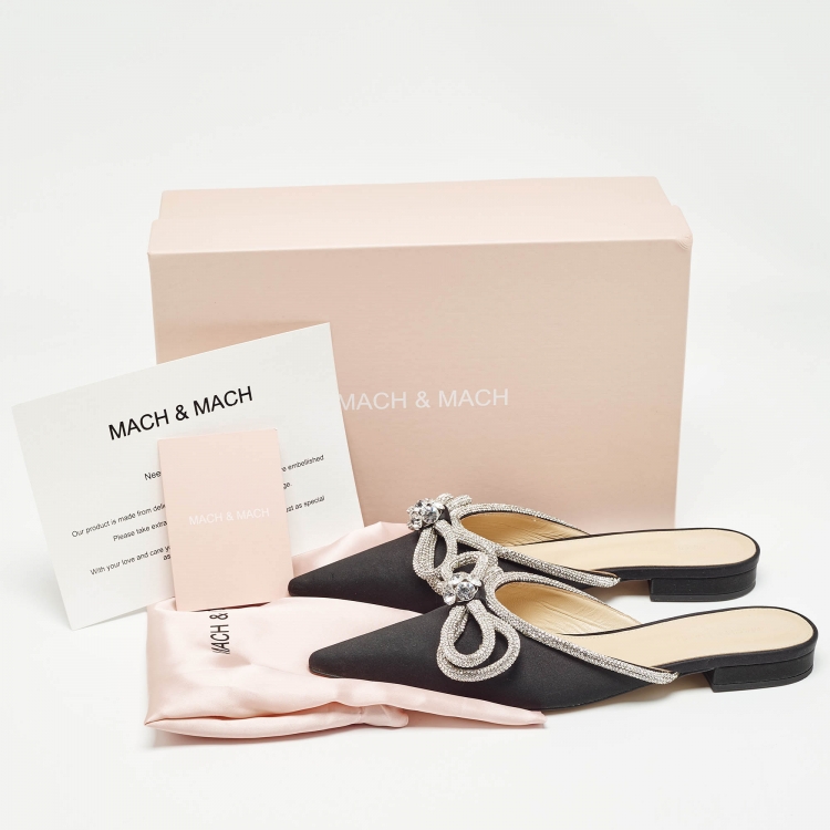 Pre Owned Mach & Mach Black Satin Crystals Double Bow Flat Mules Size 40.5