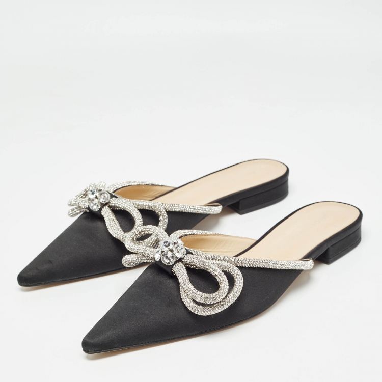 Pre Owned Mach & Mach Black Satin Crystals Double Bow Flat Mules Size 40.5
