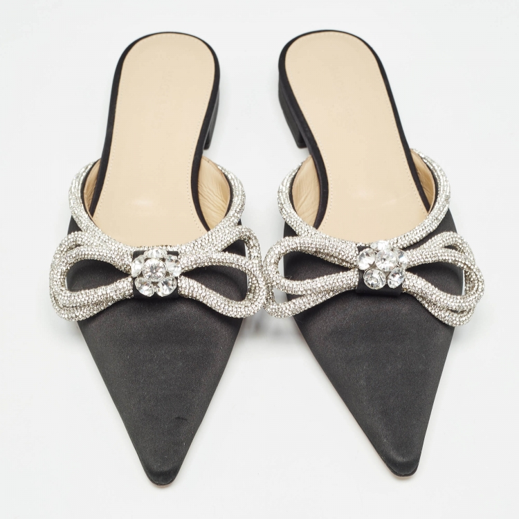 Pre Owned Mach & Mach Black Satin Crystals Double Bow Flat Mules Size 40.5