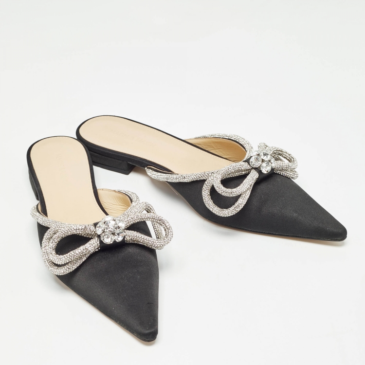 Pre Owned Mach & Mach Black Satin Crystals Double Bow Flat Mules Size 40.5
