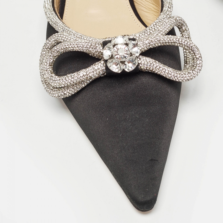 Pre Owned Mach & Mach Black Satin Crystals Double Bow Flat Mules Size 40.5
