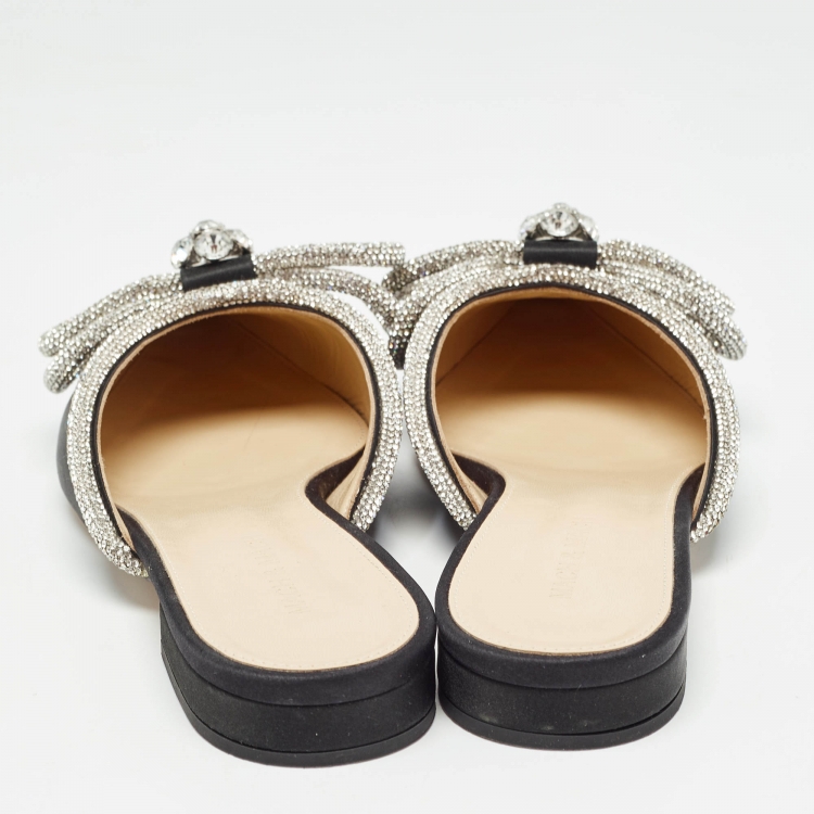 Pre Owned Mach & Mach Black Satin Crystals Double Bow Flat Mules Size 40.5