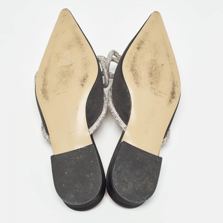 Pre Owned Mach & Mach Black Satin Crystals Double Bow Flat Mules Size 40.5