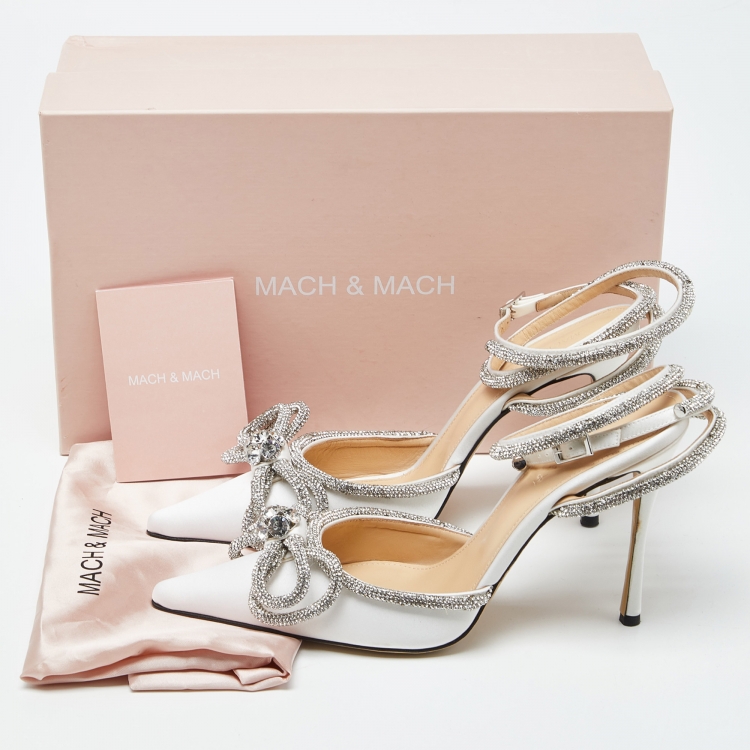 Pre Owned Mach & Mach White Satin Crystal Embellished Double Bow Pumps Size 40