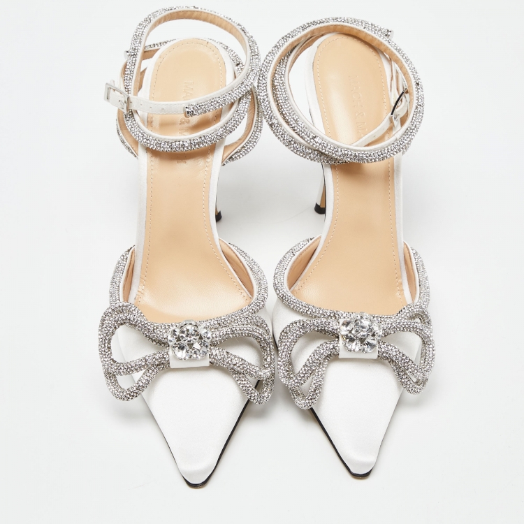 Pre Owned Mach & Mach White Satin Crystal Embellished Double Bow Pumps Size 40