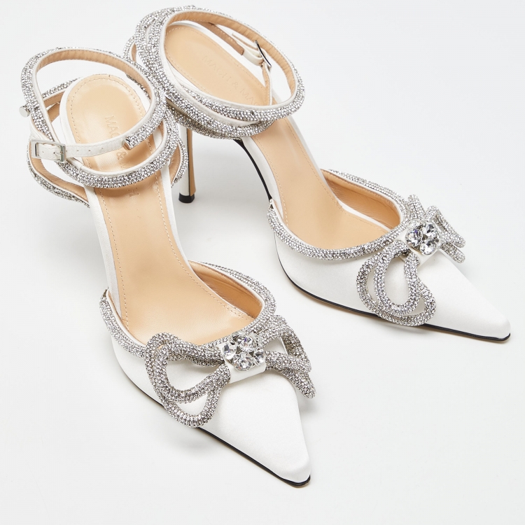 Pre Owned Mach & Mach White Satin Crystal Embellished Double Bow Pumps Size 40
